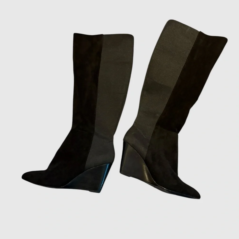 Charles By Charles David Easel Knee-High Black Velvet Pointy-Toe Wedge Boots